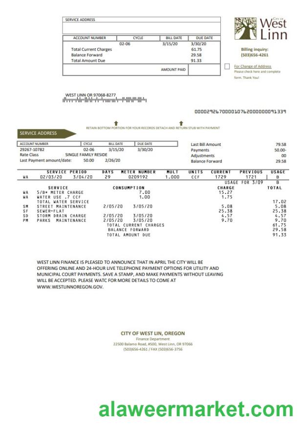 USA Oregon City of West Linn utility bill template in Word and PDF format
